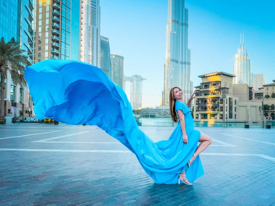 Dubai: Burj Khalifa Flying Dress Videography Shoot - Starting at Wings of Mexico