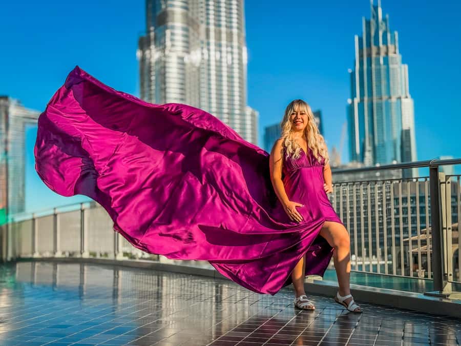 Dubai: Burj Khalifa Flying Dress Videography Shoot - Burj Park and the Dandelion Light Sculpture
