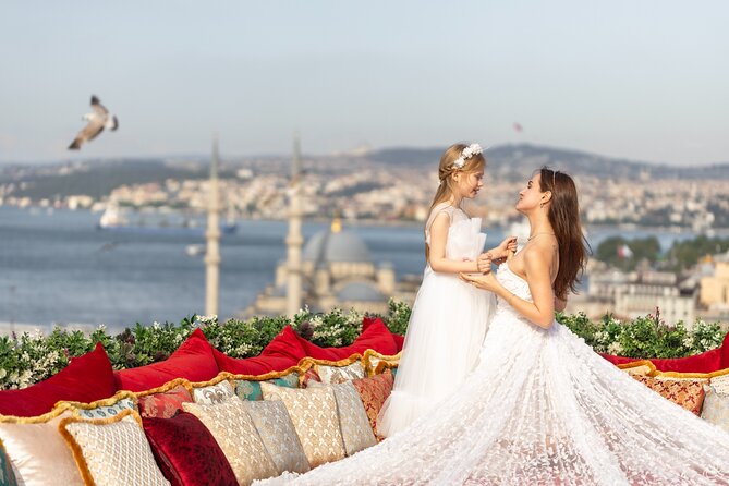 Flying Dress Photography on an Iconic Rooftop in Istanbul - A Rooftop Portrait With Istanbul Below