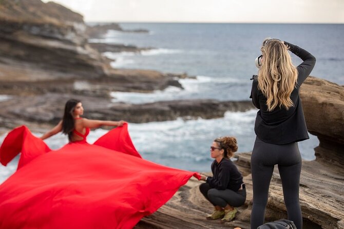 Flying Dress Photoshoot on Oahu - Walking across volcanic rock for the better view