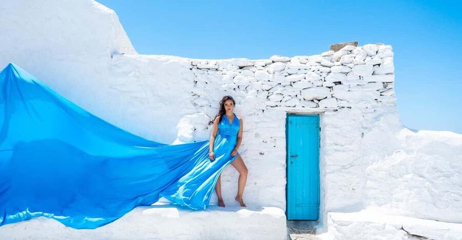 Flying Dress Photoshooting Mykonos - Little Venice and the Mykonos backdrop