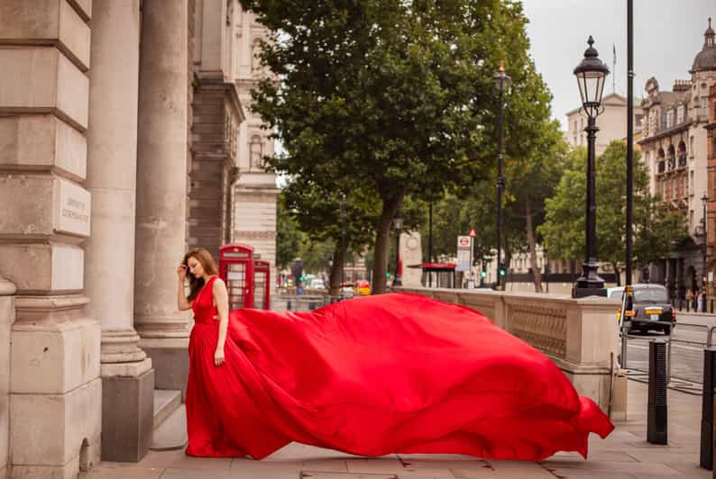 Flying dress professional photoshoot with pro photographer - The red gown and the London setting