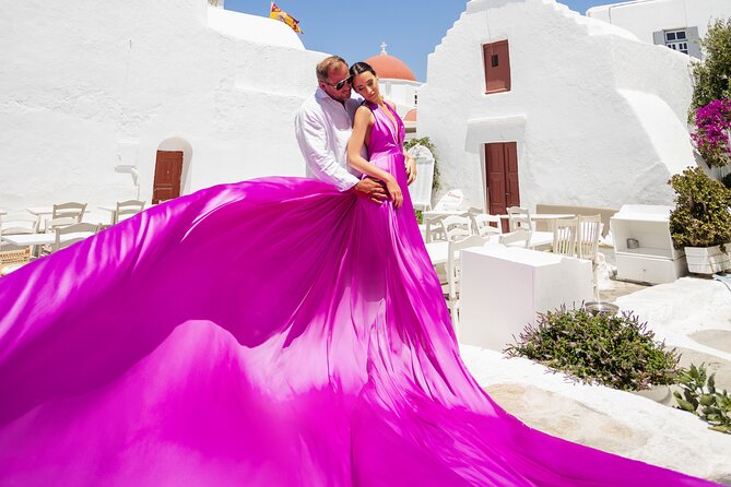 Private Flying Dress Photoshoot in Mikonos - Bougainvillea lanes and traditional town views